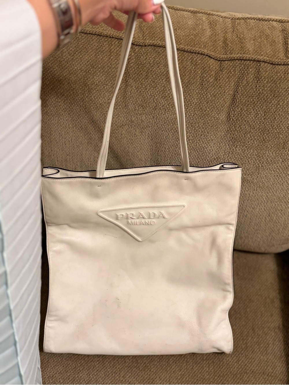 Prada Cream Leather Tote with Embossed Logo